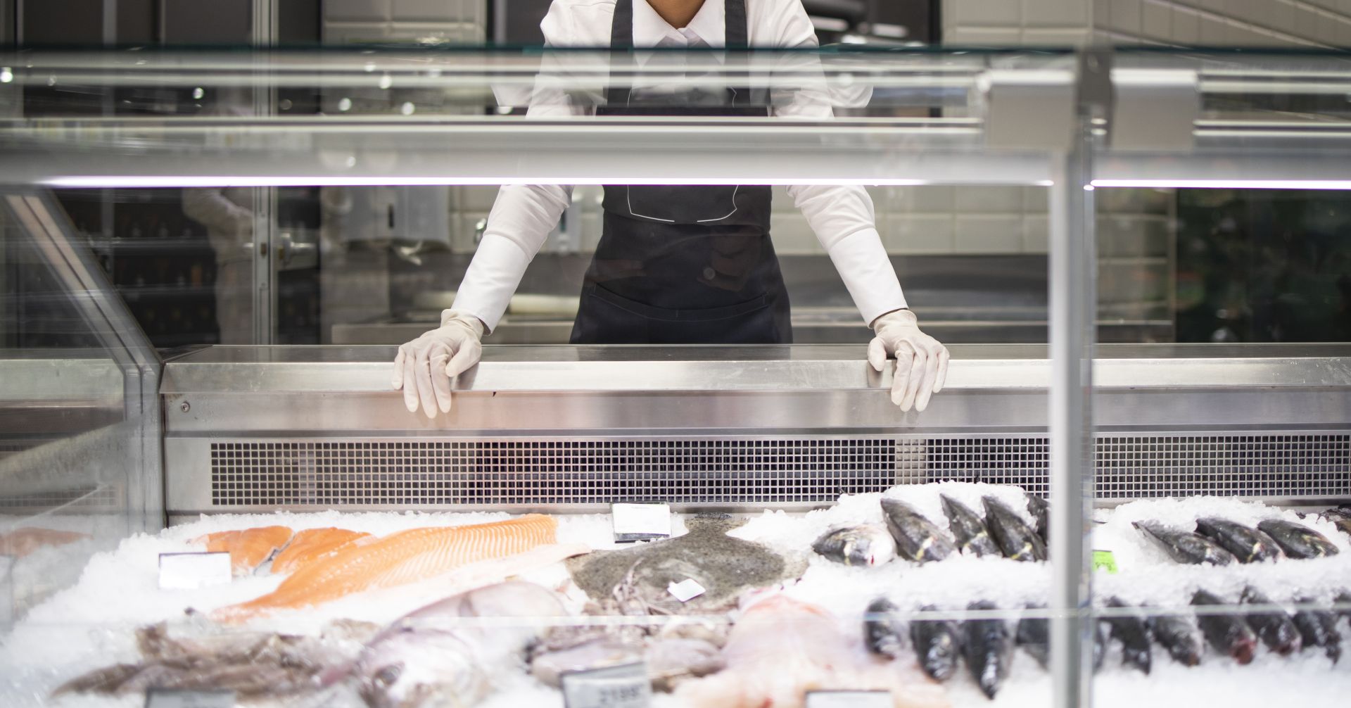 Морозильная витрина с морепродуктами и льдом